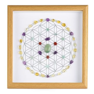 Framed Crystal Grid – Flower of Life with Green Aventurine Centre