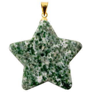 Green Snake Jade Flat Star Pendant with Gold Plated Bail 
