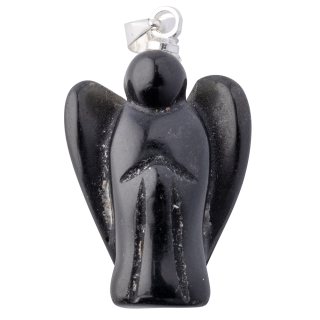 Black Obsidian Angel Pendant - Silver Plated