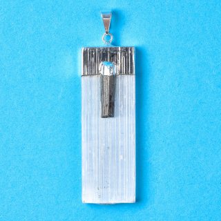 Selenite With Tourmaline Accent Pendant - Silver Plated