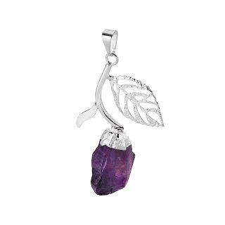 Leaf With Amethyst Point Pendant - Silver Plated