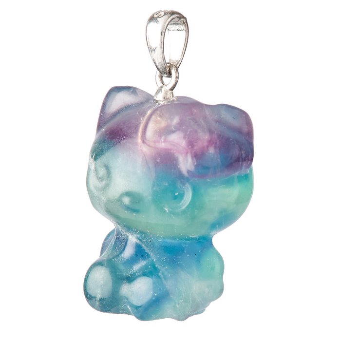 Rainbow Fluorite Cartoon Cat Pendant - Sterling Silver