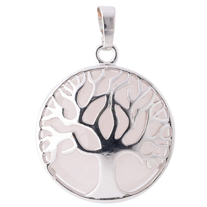 Rose Quartz Chrome Plated Tree of Life Pendant