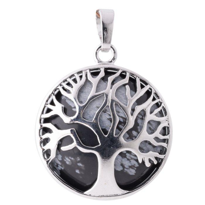 Snowflake Obsidian Chrome Plated Tree of Life Pendant
