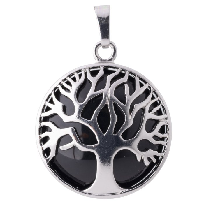 Black Agate Chrome Plated Tree of Life Pendant