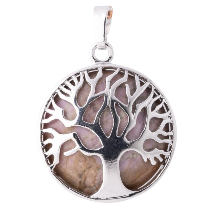 Rhodonite Chrome Plated Tree of Life Pendant