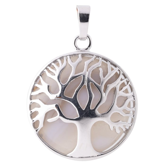 Striped Agate Chrome Plated Tree of Life Pendant
