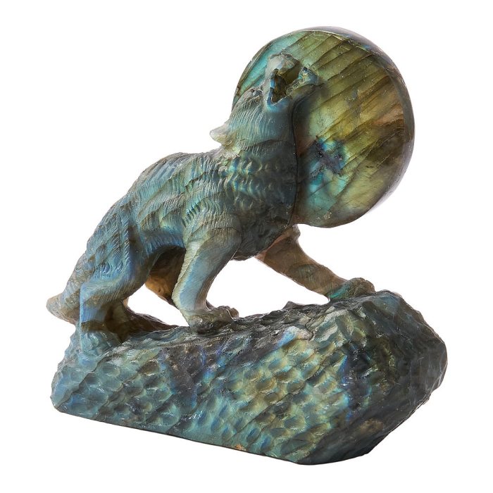 Labradorite Howling Wolf and Moon Carving 