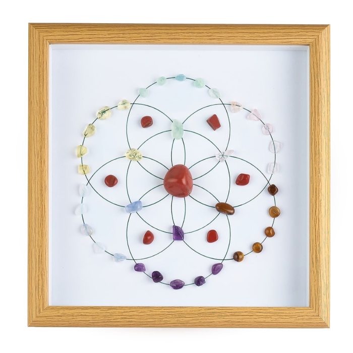 Framed Crystal Grid – Flower of Life with Red Jasper Centre