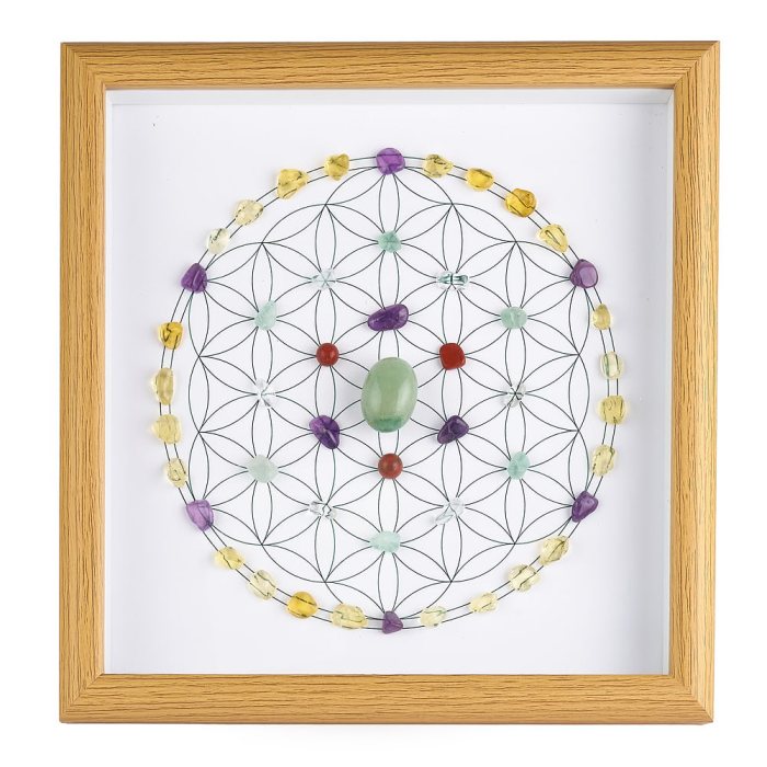 Framed Crystal Grid – Flower of Life with Green Aventurine Centre