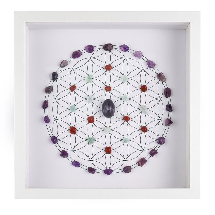 Framed Crystal Grid – Flower of Life with Tumblestones