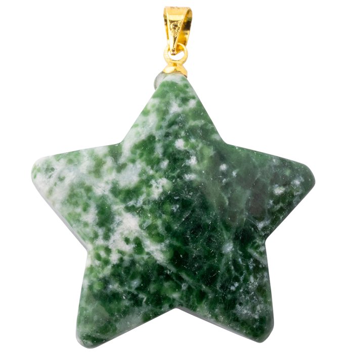Green Snake Jade Puff Star Pendant with Gold Plated Bail 