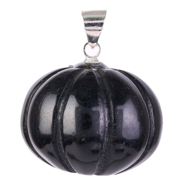 Black Obsidian Mini Pumpkin With Pendant - Silver Plated