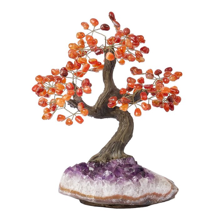Carnelian Crystal Bonsai Tree on Amethyst Cluster Base – 36 Branches