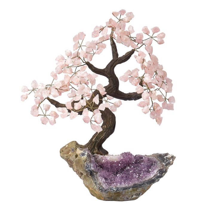Rose Quartz Crystal Bonsai Tree on Amethyst Cluster Base – 48 Branches