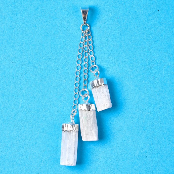 Three Dangling Selenite Sticks, Pendant - Silver Plated