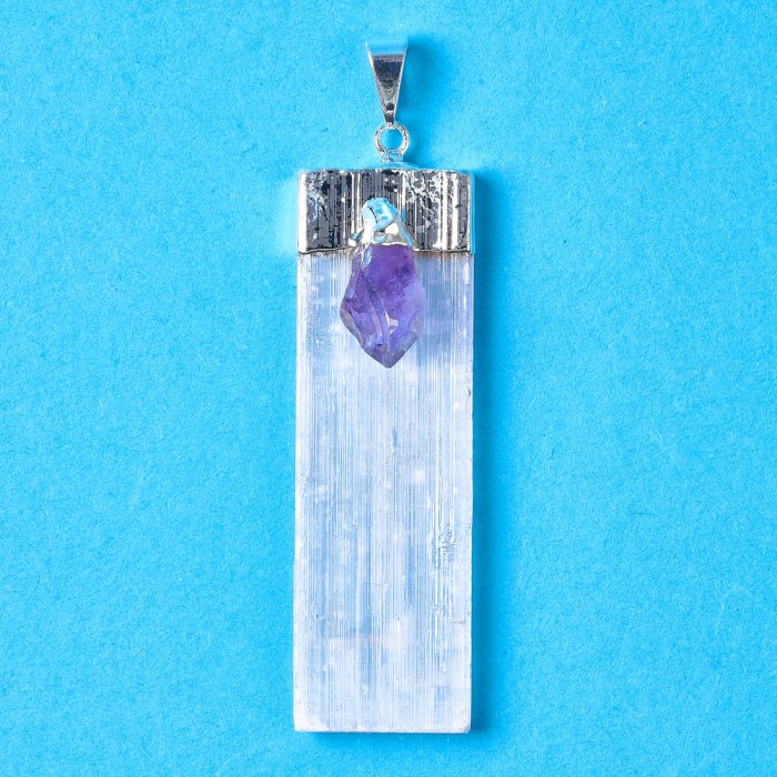 Selenite With Amethyst Accent Pendant - Silver Plated