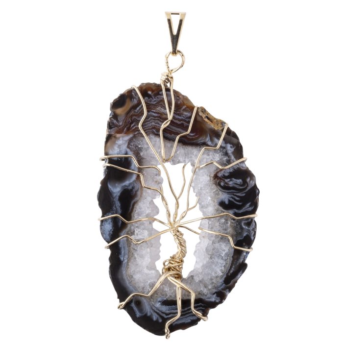 Geode Slice & Wire Tree Pendant, Gold Plated 