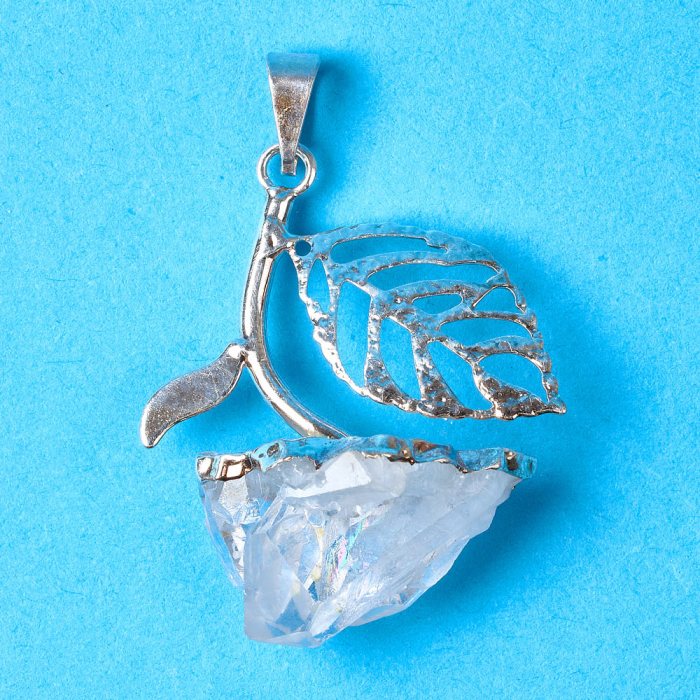 Leaf With Quartz Point Pendant - Silver Plated