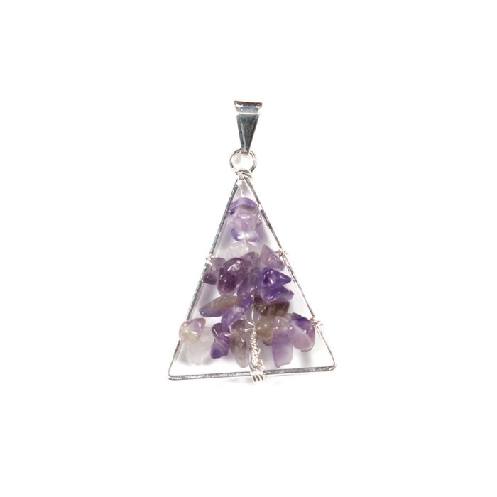 Triangle Amethyst Tree Pendant - Silver Plated
