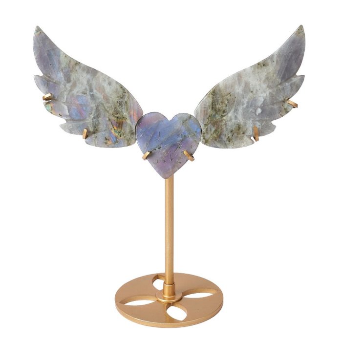 Labradorite Angel Wings with Heart on Gold Metal Stand 
